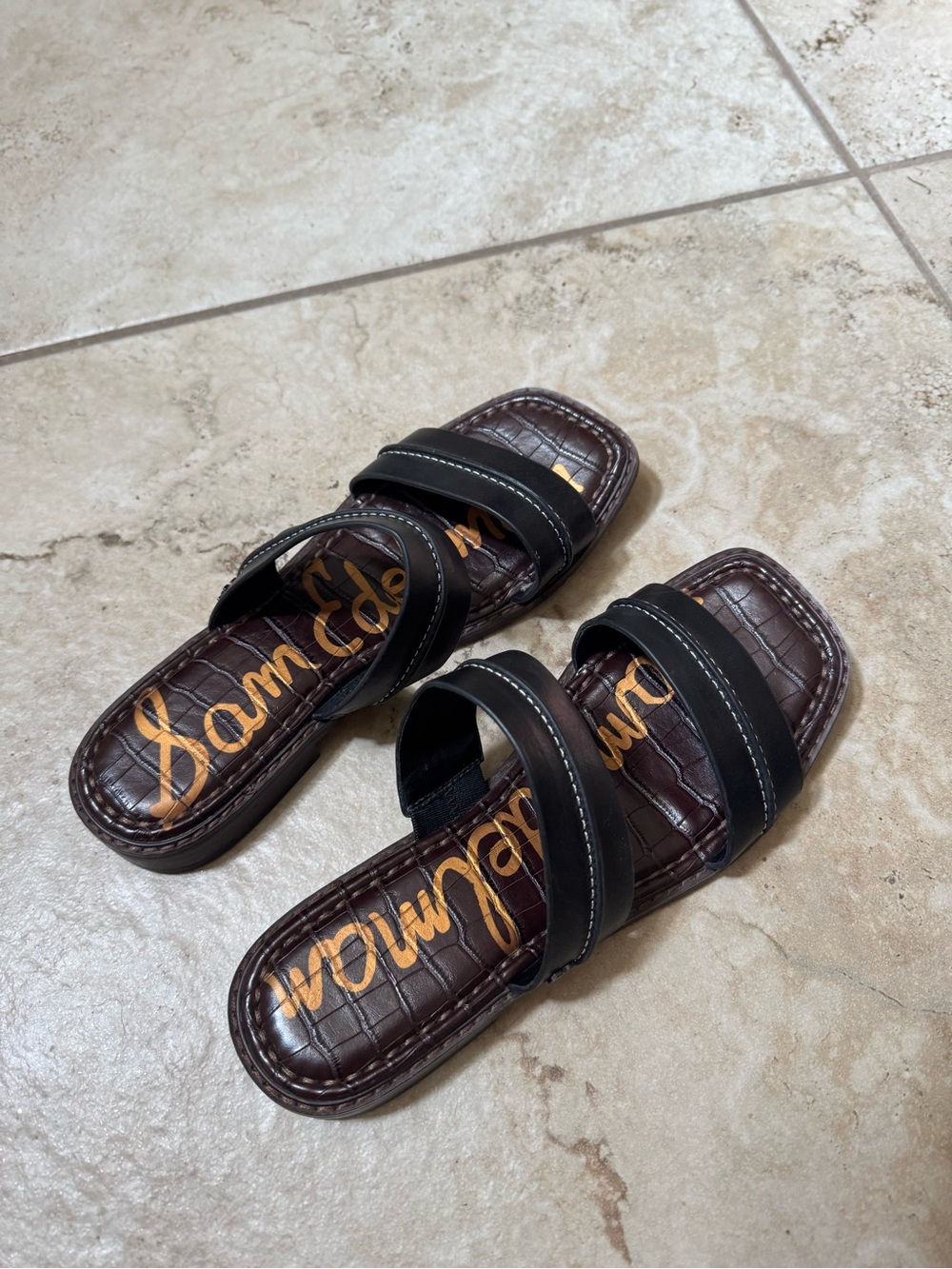 Sam Edelman Brown Croc-Embossed Slide Sandals with Black Double Straps